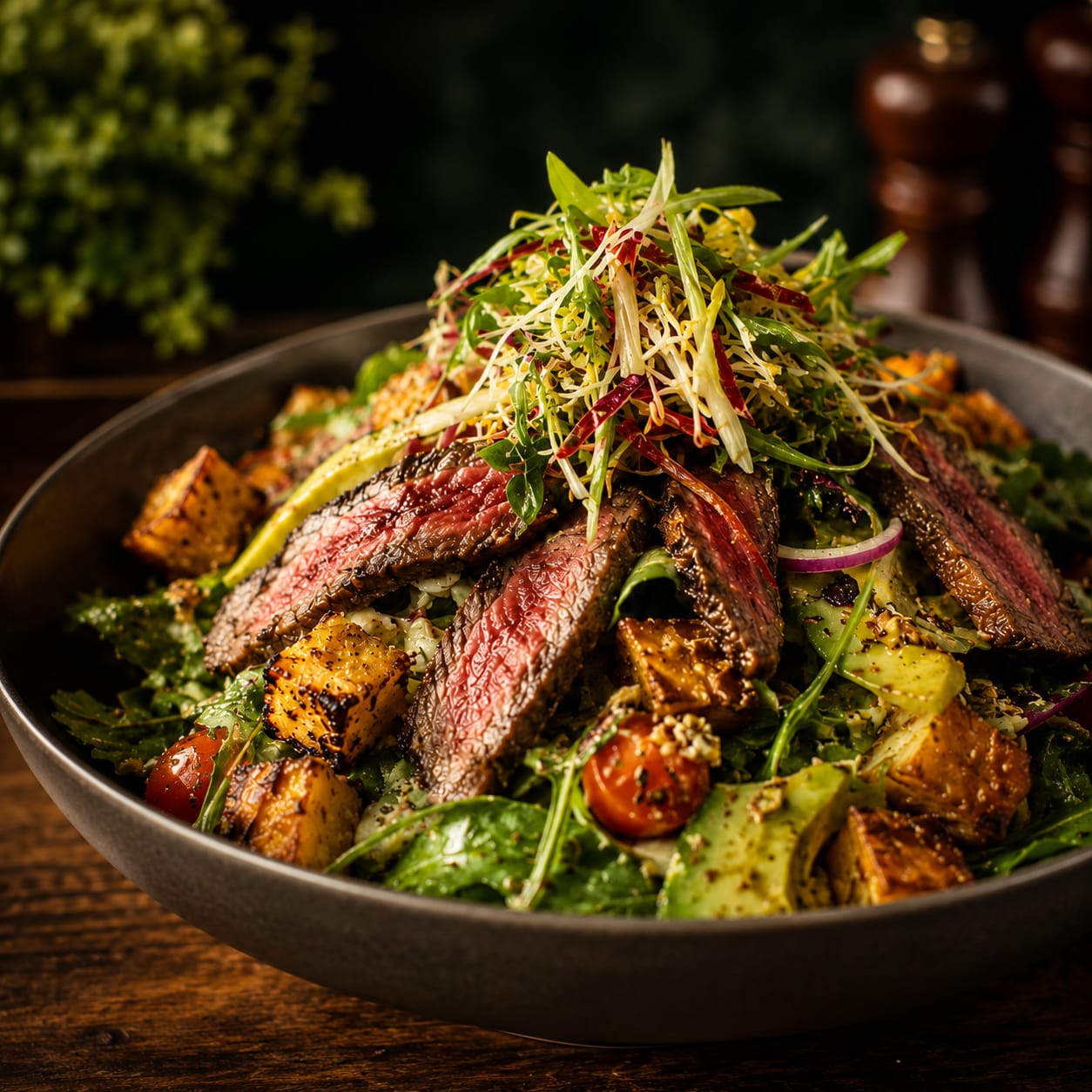 Goddess salad with seared steak, avocado and roast pumpkin