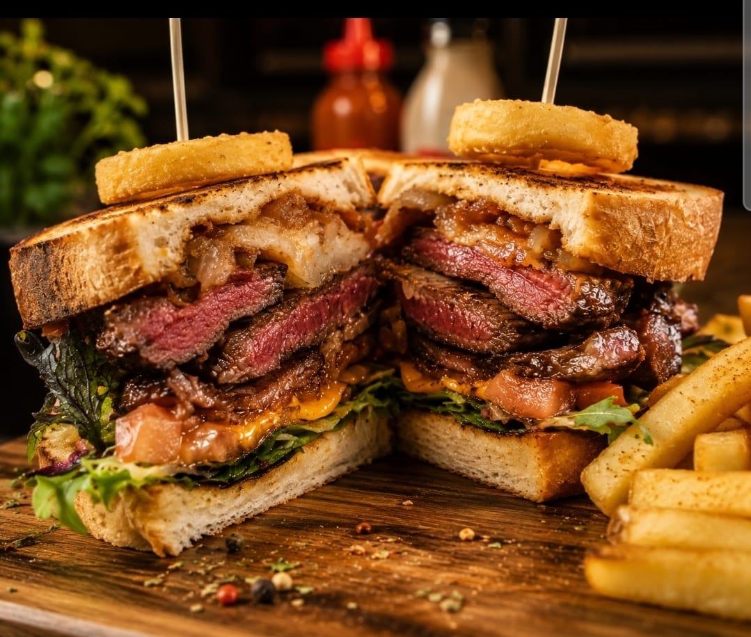 The Eve steak sandwich with onion rings and fries